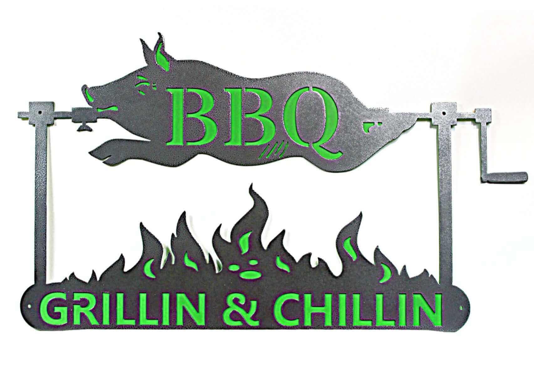 Custom BBQ Pig on a Spit Metal Sign